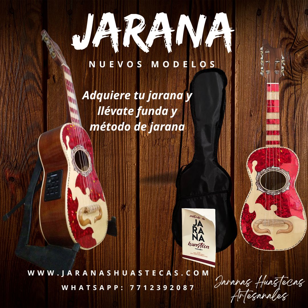 Jarana Huasteca electroacústica con mica roja con funda y método