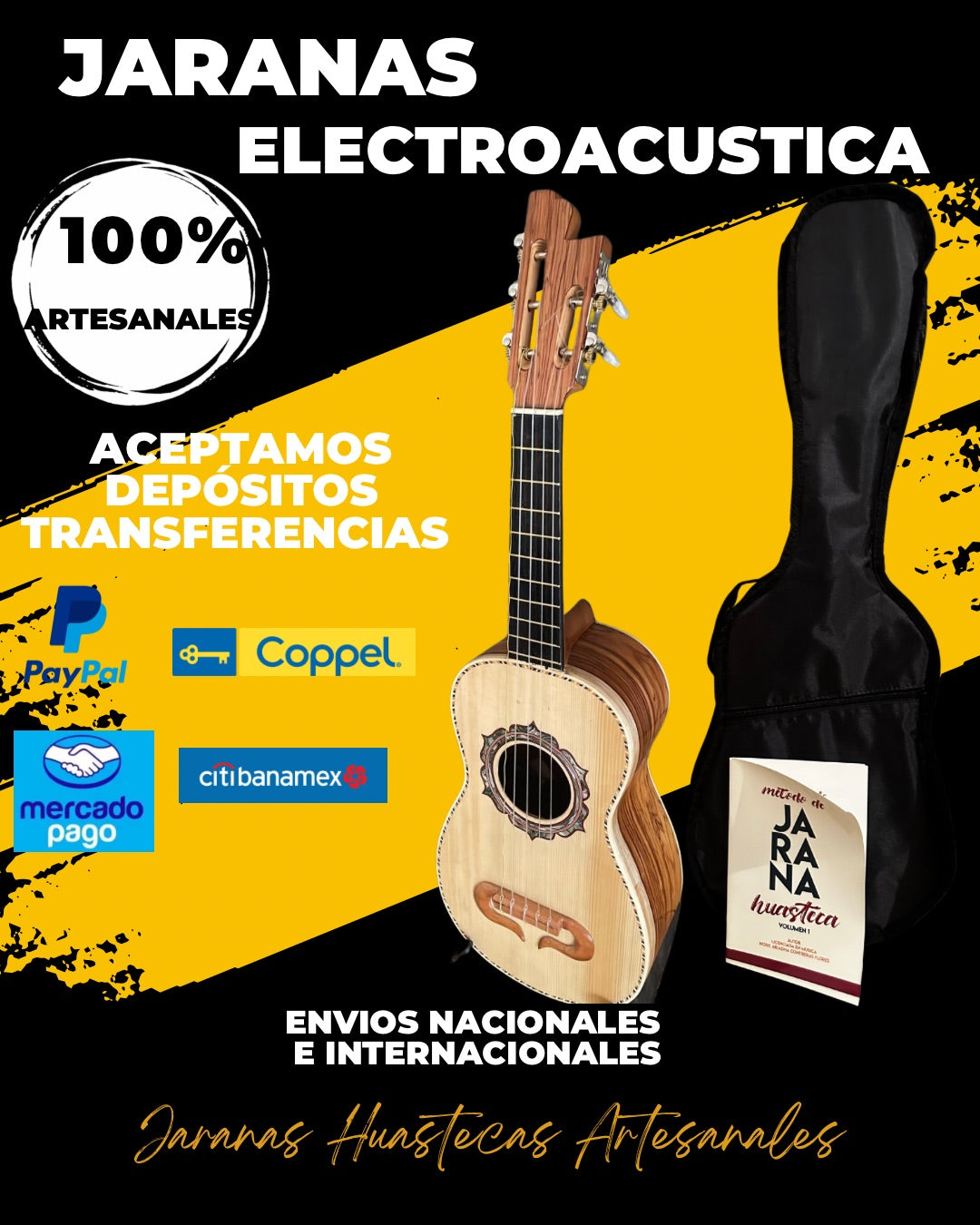 Jarana huasteca electroacústica con funda y método ( Palo Escrito)